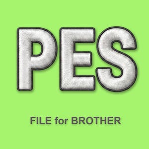 May include: The letters PES are displayed in a white, textured, embroidered style with a thick black outline against a bright lime green background. Below the letters, the text FILE for BROTHER is written in a simple, dark gray sans-serif font.