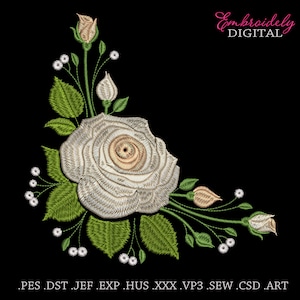 May include: An embroidered floral design featuring a large white rose with detailed stitching, green leaves, and small white berries. The design includes buds and stems, set against a black background. The text "Embroiderly DIGITAL" is in the upper right corner.