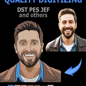 Puede incluir: Imagen que promociona los servicios de "QUALITY DIGITIZING". La imagen presenta un retrato digitalizado de un hombre sonriente, junto a una fotografía del mismo hombre. El texto incluye "DST PES JEF and others". Se muestra una paleta de colores debajo.
