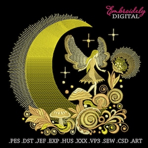 Puede incluir: Diseño bordado con un hada con alas frente a una luna creciente. El diseño incluye setas, estrellas y elementos florales en tonos dorados y amarillos sobre un fondo negro. El texto "Embroiderly DIGITAL" está en la parte superior.