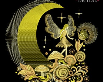 Magic Fairy with Moon Mushrooms Machine Embroidery Design, Fairy Stitch Designs, Gold Pixie Files