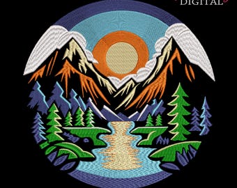 Scenic Mountain Sunset Embroidery Design: River Forest Mountains Sun (Digital File)