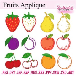 Peut inclure: Un ensemble de 10 motifs de broderie d'applique de fruits. Les motifs comprennent une fraise, une poire, une pomme, une prune et une cerise. Les motifs sont en forme de contour et sont parfaits pour les projets de broderie.