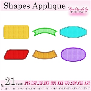 May include: A set of six embroidery designs for applique shapes. The shapes include a rectangle, a banner, an oval, a parallelogram, a curved rectangle, and a circle. The designs are available in 21 sizes, ranging from 2 inches to 12 inches.
