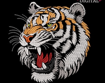 Tiger Head Embroidery Design Wild Cat Roaring Tattoo Style DST PES JEF