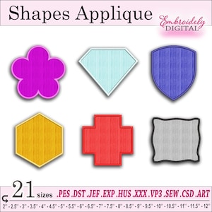 Könnte beinhalten: Ein Set mit 21 Stickmustern, die verschiedene Formen zeigen, darunter eine Blume, ein Diamant, ein Schild, ein Sechseck, ein Kreuz und ein Quadrat mit abgerundeten Ecken. Die Designs sind in verschiedenen Größen von 5 cm bis 30 cm und in verschiedenen Dateiformaten erhältlich, darunter PES, DST, JEF, EXP, HUS, XXX, VP3, SEW, CSD und ART.