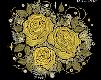 Borduurontwerp gouden rozen: luxueus bloemenaccent (zomertijd, PES, direct downloaden)