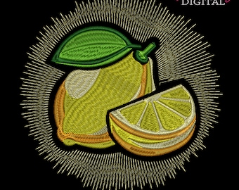 Diseño de bordado de limón: Rodajas y hojas (10 tamaños) (Archivo digital)