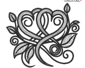Diseño de bordado Corazones Vintage: Corazones de amor monocromáticos (Archivo digital)