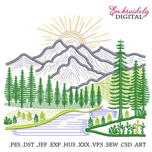 May include: Embroidered design of a mountain landscape with a sun, trees, and a river. The design is in shades of green, blue, and yellow.
