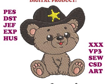 Diseño bordado de osito de peluche con sombrero de sheriff (archivo digital)