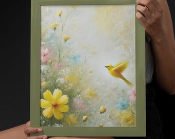 Stampa su tela con uccelli e fiori – Arte murale botanica primaverile