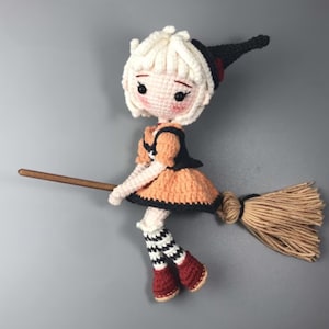 Handmade Crochet Amigurumi Witch Doll 100 Percent Cotton Plush Toy with Hat and Broom Halloween Decoration Personalized Gift Kids Adults