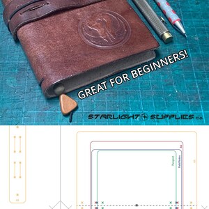 May include: A brown leather notebook with a Rebel Alliance symbol embossed on the cover. The notebook is closed and has a strap around it. The text "GREAT FOR BEGINNERS!" is written in white letters on a red background. The text "STARLIGHT SUPPLIES co." is written in black letters on a white background.