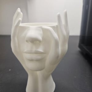 Puede incluir: Maceta de cerámica blanca con forma de cara y manos que cubren los ojos. La maceta tiene un acabado liso y mate.