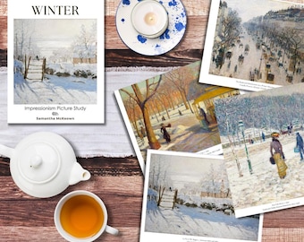 May include: A collection of six winter-themed Impressionist paintings, including "The Boulevard Montmartre at Night" by Camille Pissarro, "The Seine at Asnières" by Pierre-Auguste Renoir, and "The Snow Effect" by Gustave Caillebotte. The paintings are displayed on a wooden surface with a teapot and a cup of tea.
