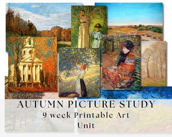 May include: A collage of nine paintings in a vintage style, depicting autumn scenes and figures. The artworks showcase landscapes, buildings, and people, with a warm colour palette. The text at the bottom reads "AUTUMN PICTURE STUDY 9 week Printable Art Unit."
