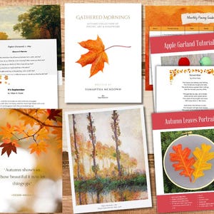 Può includere: Una collezione di arte e stampabili a tema autunnale. Include una copertina di libro con una foglia rossa, una poesia, un tutorial per una ghirlanda di mele e un telaio da ricamo con foglie arancioni e gialle.