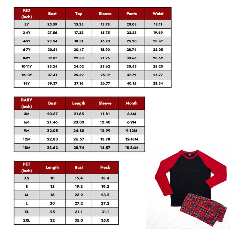K&ouml;nnte beinhalten: Gr&ouml;&szlig;entabelle f&uuml;r Kinder-, Baby- und Haustier-Pyjamas. Die Tabelle zeigt die Ma&szlig;e in Zoll f&uuml;r Brust, Oberteil, &Auml;rmel, Hose, Taille, L&auml;nge und Hals. Die Tabelle ist in drei Abschnitte unterteilt: Kind, Baby und Haustier. Die Tabelle ist auf wei&szlig;em Hintergrund mit rotem und schwarzem Text gedruckt.