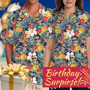 May include: Matching Hawaiian shirts with a tropical floral design and the text "Richard's 50th" repeated. The shirts feature a photo of a person wearing sunglasses. A gift box with a yellow bow is in the foreground.