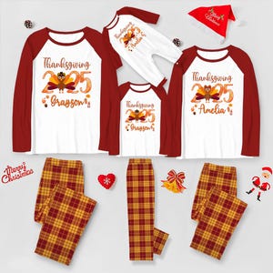 Custom 2025 Thanksgiving Pajamas With Name, Personalized Turkey Jammies, Friendsgiving Pajamas, Matching Family Plus Size Thanksgiving PJs