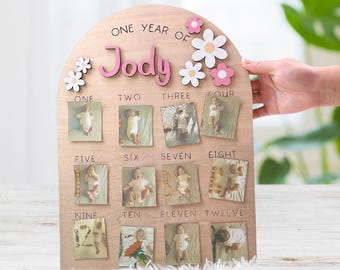 Personalized First Year Photo Board | Custom Baby Milestone Display | Wooden 12-Month Picture Frame | 1st Birthday Gift For New Mom