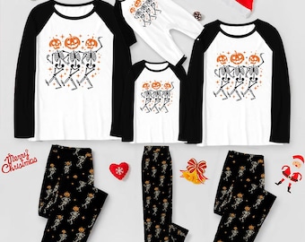 Halloween Family Pajamas: Dancing Skeleton, Pumpkin, and Ghost Print