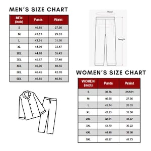 May include: Size charts for men's and women's pajama sets. The men's chart includes sizes S to 6XL, with pants measurements from 40.55 to 46.85 inches. The women's chart includes sizes S to 5XL, with pants measurements from 39.76 to 45.27 inches. A pajama set illustration is also included.