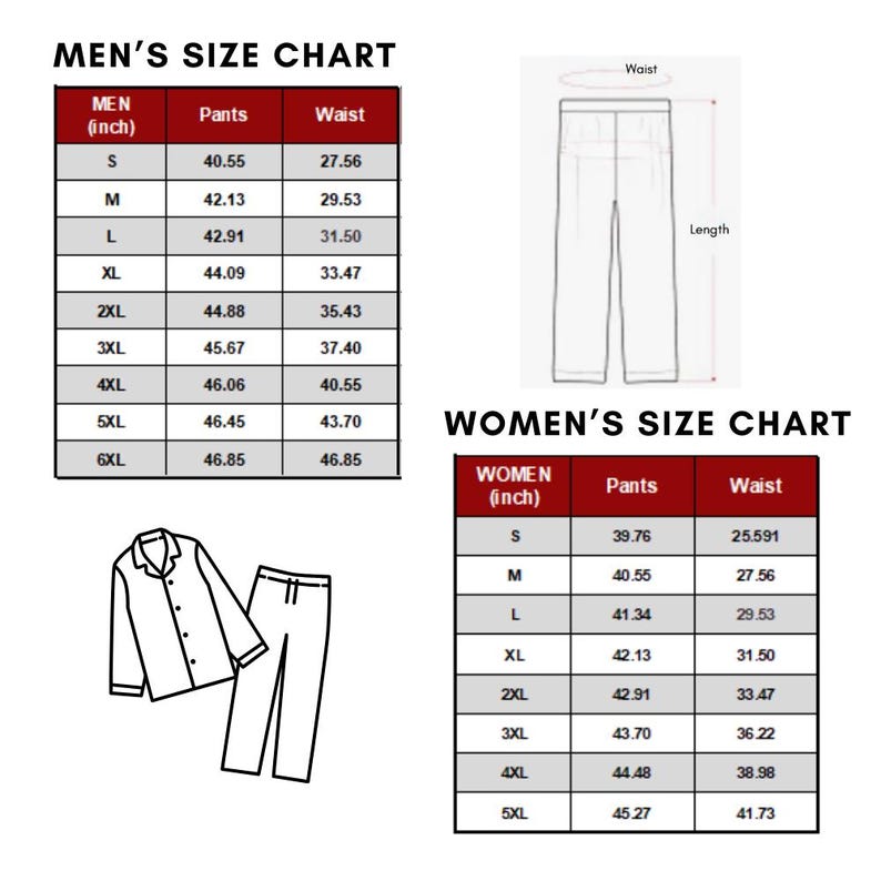 May include: Size charts for men's and women's pajama sets. The men's chart includes sizes S to 6XL, with pants measurements from 40.55 to 46.85 inches. The women's chart includes sizes S to 5XL, with pants measurements from 39.76 to 45.27 inches. A pajama set illustration is also included.