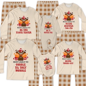 Funny 32 Quotes Most Likely Thanksgiving PJs, Personalized Matching Family Thanksgiving Jammies, Plaid Fall Pajamas, Football Turkey PJs