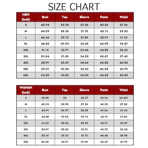 Pode incluir: Uma tabela de tamanhos com medidas em polegadas para roupas masculinas e femininas. A tabela inclui medidas de busto, top, manga, cal&ccedil;as e cintura para tamanhos de S a 6XL para homens e de S a 5XL para mulheres.