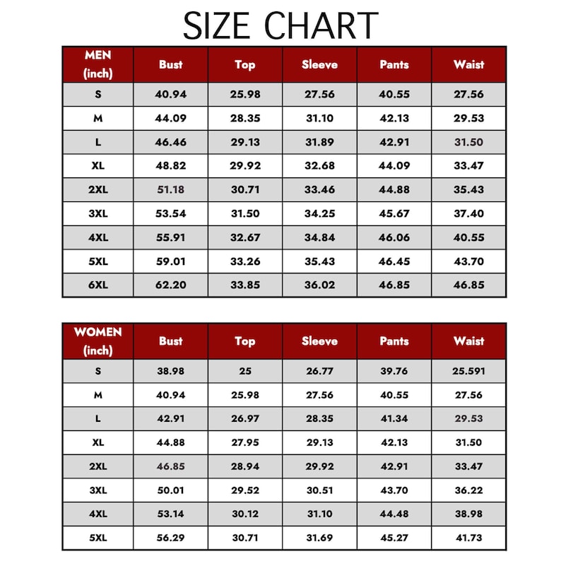 Pode incluir: Uma tabela de tamanhos com medidas em polegadas para roupas masculinas e femininas. A tabela inclui medidas de busto, top, manga, cal&ccedil;as e cintura para tamanhos de S a 6XL para homens e de S a 5XL para mulheres.