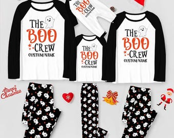 Halloween-pyjama Family Matching: gepersonaliseerde naam spookthema boven- en onderkant zwart