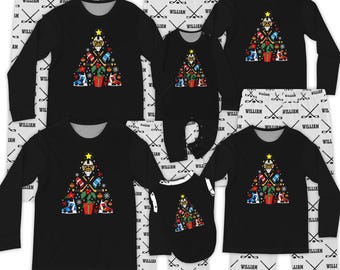 Einzigartiger Hockey Passender Weihnachtspyjama mit Name, Geschenk für Hockeyspieler, Winter Hockey Jammies mit Weihnachtsbaum, 2025 Festliches Feiertagsgruppenset