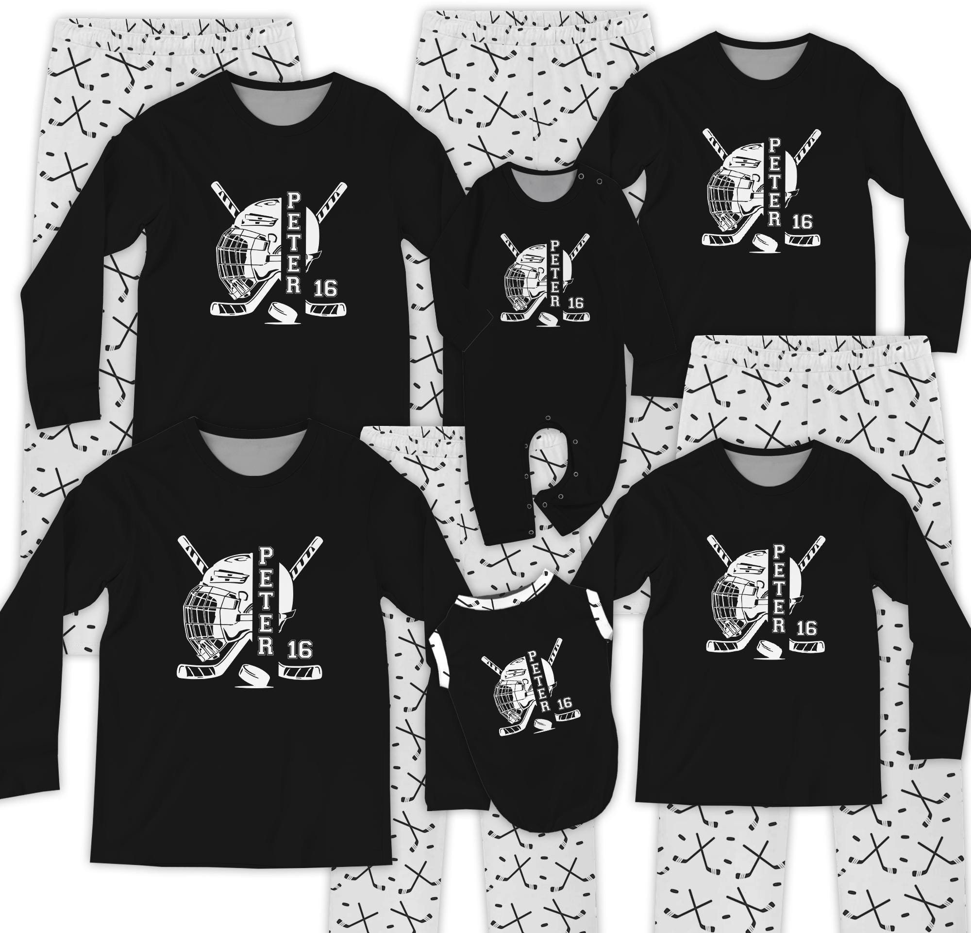 Personalized Hockey Pajamas, Family Matching Christmas PJs, Custom Hockey Gift with Name & Number, Hockey Goalie Pajama Set, Ice Hockey PJs