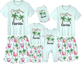 Pijamas navideños familiares de Florida, pijamas para vacaciones familiares, pijamas navideños de playa, pijamas cortos navideños de manga corta, pijamas de flamencos