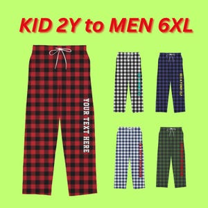 May include: Assortment of plaid pajama pants in various colors, including red and black, black and white, navy and white, and green and black. Each pair features a drawstring waist and text on the side. The text "KID 2Y to MEN 6XL" is displayed at the top.