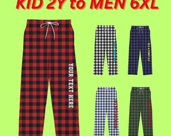 May include: Assortment of plaid pajama pants in various colors, including red and black, black and white, navy and white, and green and black. Each pair features a drawstring waist and text on the side. The text "KID 2Y to MEN 6XL" is displayed at the top.