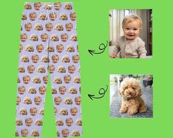 May include: Light purple pajama pants with a repeating pattern of baby faces and poodle faces. The text "100+ Colors_FREE PREVIEW" is at the top, and "Print On Demand" is at the bottom.
