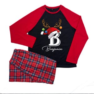 Personalisierter Familien-Weihnachtspyjama mit Name, Monogrammierter Weihnachtspyjama, Übergrößen-Familien-Pjs, passender Pyjama mit Hund Bild 2