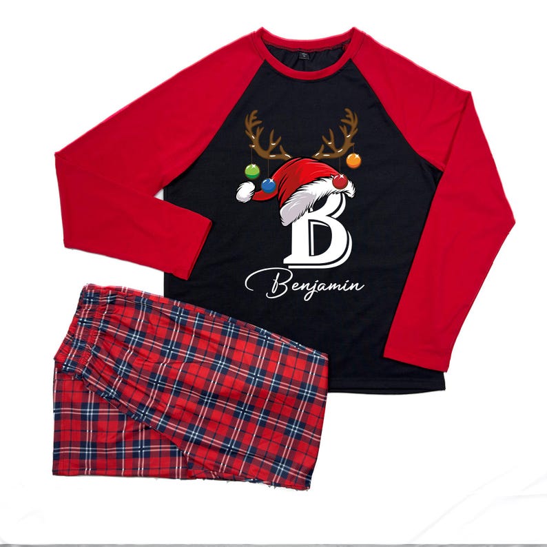 Personalisierter Familien-Weihnachtspyjama mit Name, Monogrammierter Weihnachtspyjama, Übergrößen-Familien-Pjs, passender Pyjama mit Hund Bild 2