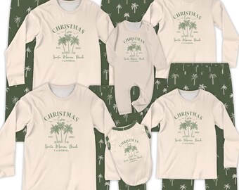 Pijama familiar navideño personalizado con bolsillos, conjunto navideño único con palmera, regalo divertido para vacaciones y reuniones familiares.