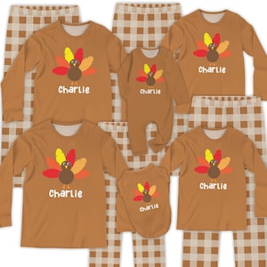 Custom Name Thanksgiving Family Jammies, Thanksgiving Turkey PJ Sets For Women Men Kid Couples, Plus Size Thanksgiving Pajamas, Autumn PJs