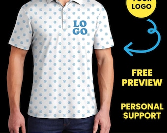 May include: White polo shirt with a blue pattern and the word "LOGO" in blue. The shirt has a collared neckline and short sleeves. The image also includes the text "YOUR LOGO", "FREE PREVIEW", "PERSONAL SUPPORT", and "CREATE YOUR OWN DESIGN NOW".