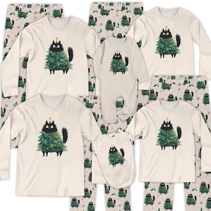 May include: A collection of matching cream-colored Christmas pajamas featuring a black cat dressed as a Christmas tree. The long-sleeved shirts and pants have a repeating pattern of Christmas trees and cats. The set includes adult and baby sizes.