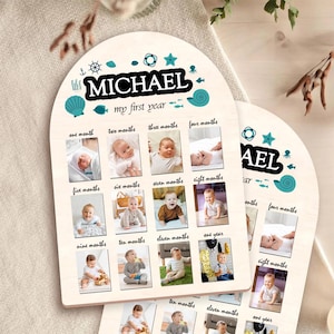 Tablero de fotos personalizado para el primer año / Marco personalizado para hitos del bebé / Expositor de fotos de madera para los 12 meses / Regalo para el primer año del bebé