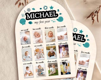 Personalized First Year Photo Board | Custom Baby Milestone Frame | 12-Month Wooden Picture Display | Baby’s First Year Gift