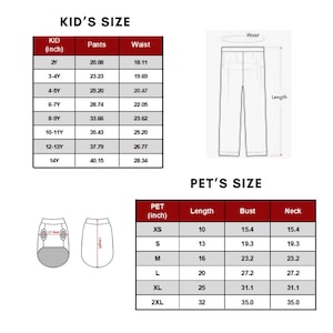 May include: A size chart for kids' pants and pet clothing. The kid's chart lists sizes from 2Y to 14Y, with measurements in inches for pants and waist. The pet chart shows sizes XS to 2XL, with measurements in inches for length, bust, and neck.