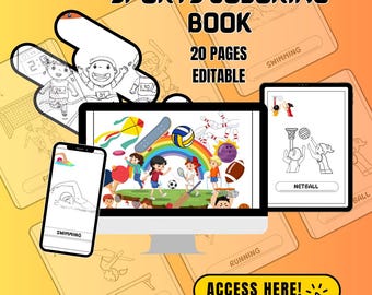 Libro de colorear de deportes para niños en línea / Libro de colorear para niños / Plantilla de coloración editable / Libro de colorear en línea / Libro de coloración de fácil acceso