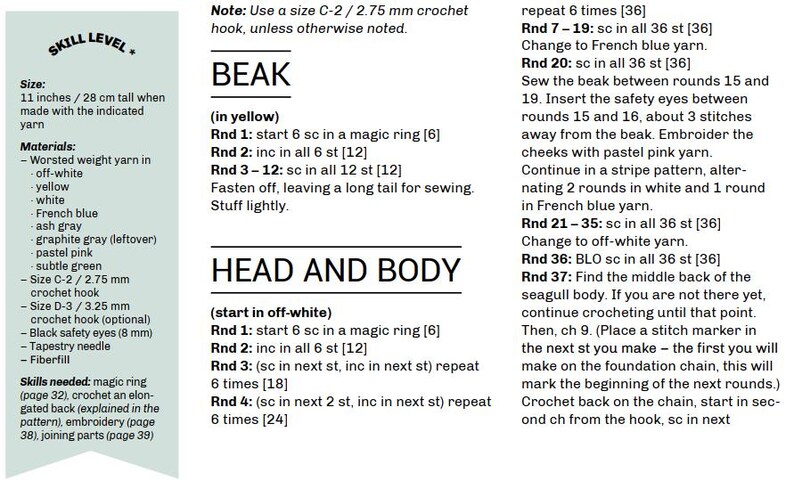 May include: Crochet pattern instructions for making a seagull. The pattern includes instructions for the beak, head, and body. The pattern uses worsted weight yarn in off-white, yellow, white, French blue, ash gray, graphite gray, pastel pink, and subtle green. The pattern also includes instructions for sewing on safety eyes and embroidering the cheeks.